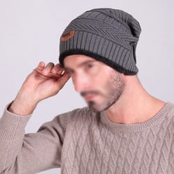 thick lined knit beanie winter outdoor cap, warm ear protection hat for men, dark gray cycling hat