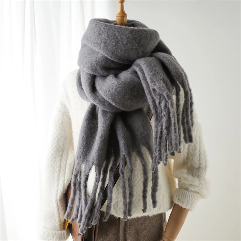Warm Solid Pashmina Blanket Wraps For Women Cashmere Scarf With Big Tassel 5