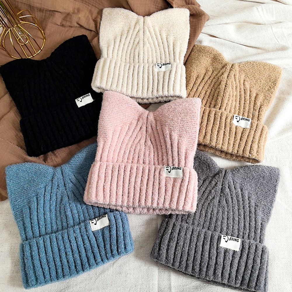Versatile Pullover Knitted Hats Cute Cat Ears Beanies For Women Warm Ear Protection Sweet 9