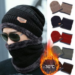 knit winter hat for men and women, velvet coral fleece scarf, thick plus velvet neck protect cap for outdoor riding