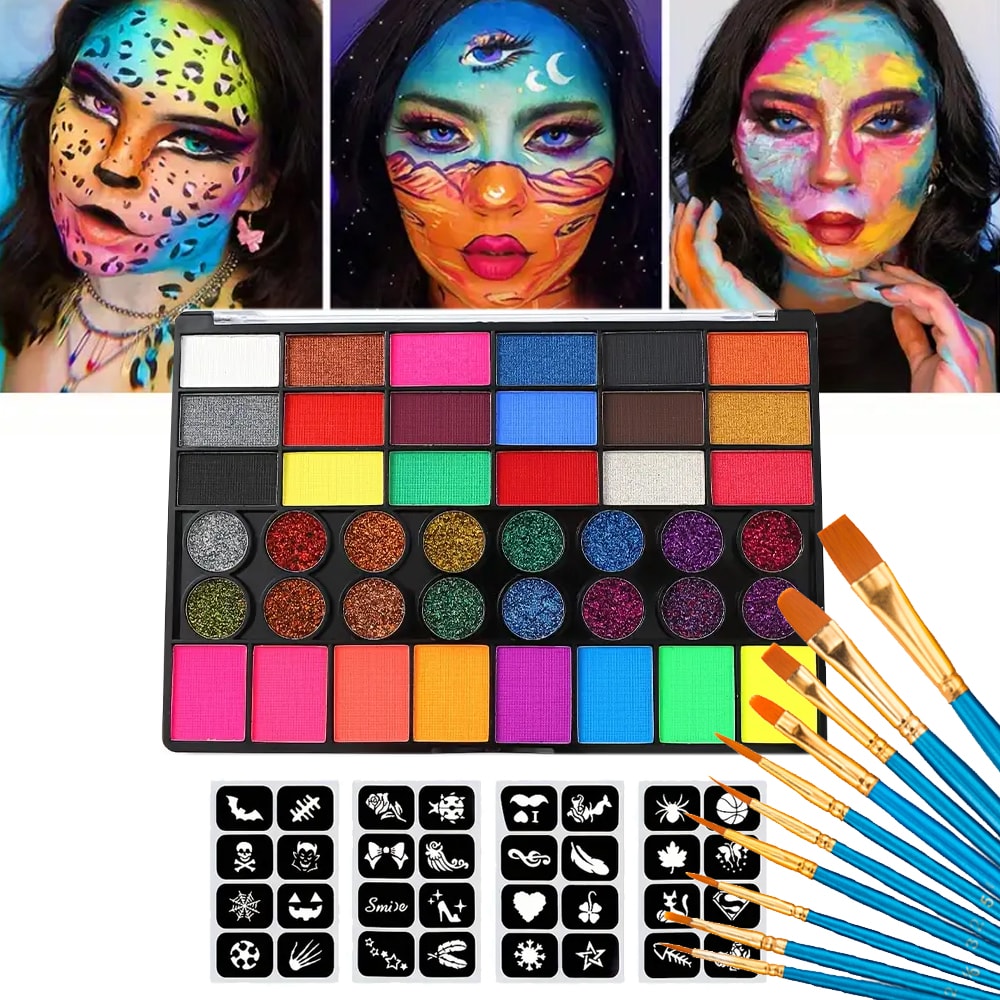UV Neon Glitter Face Paint Art, Water Soluble Body Painting Set, Holiday Party Makeup