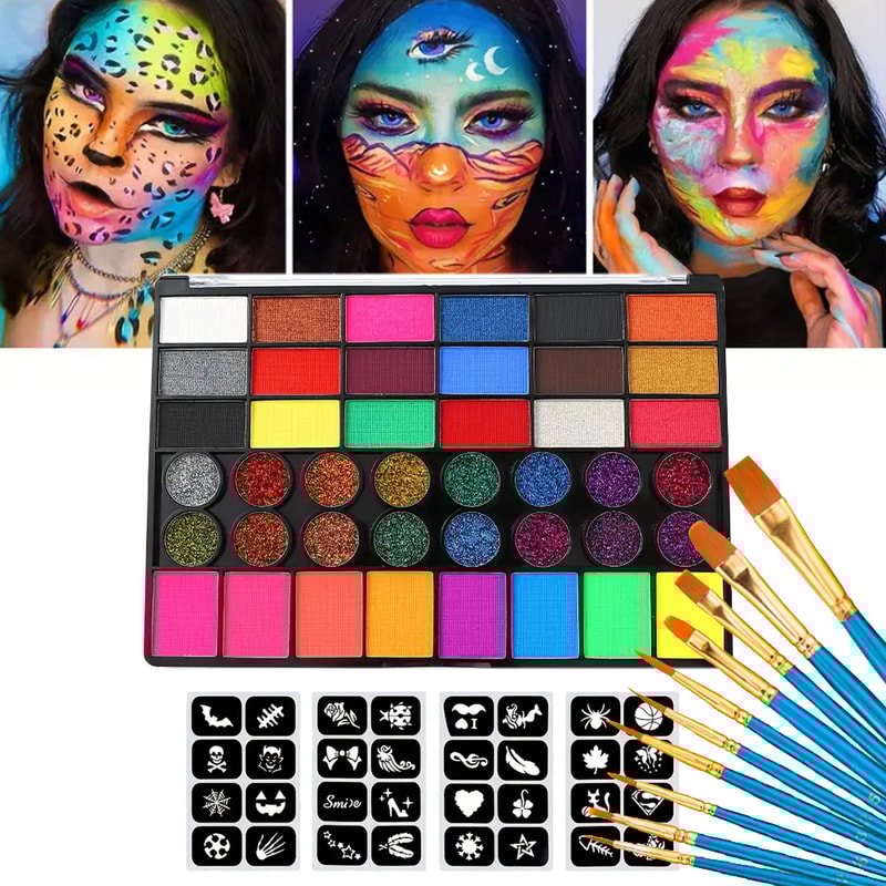 UV Neon Glitter Face Paint Art, Water Soluble Body Painting Set, Holiday Party Makeup