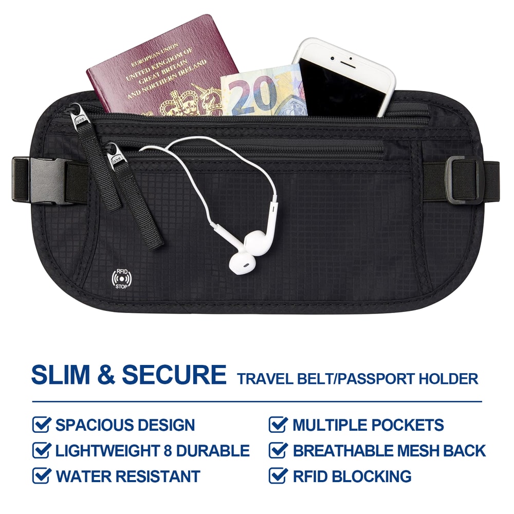 Slim Passport Holder RFID, Travel Money Belt, Blocking Pouch to Protect Cash, Credit Cards, and Travel Documents