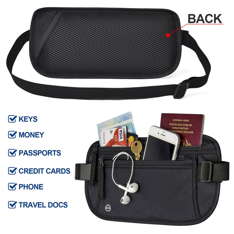 Slim Passport Holder RFID, Travel Money Belt, Blocking Pouch to Protect Cash, Credit Cards, and Travel Documents