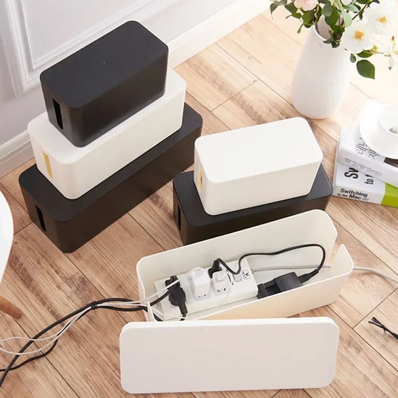 Dust Charger Socket Organizer, Cable Storage Box with Network Bin for Power Board Wire Management