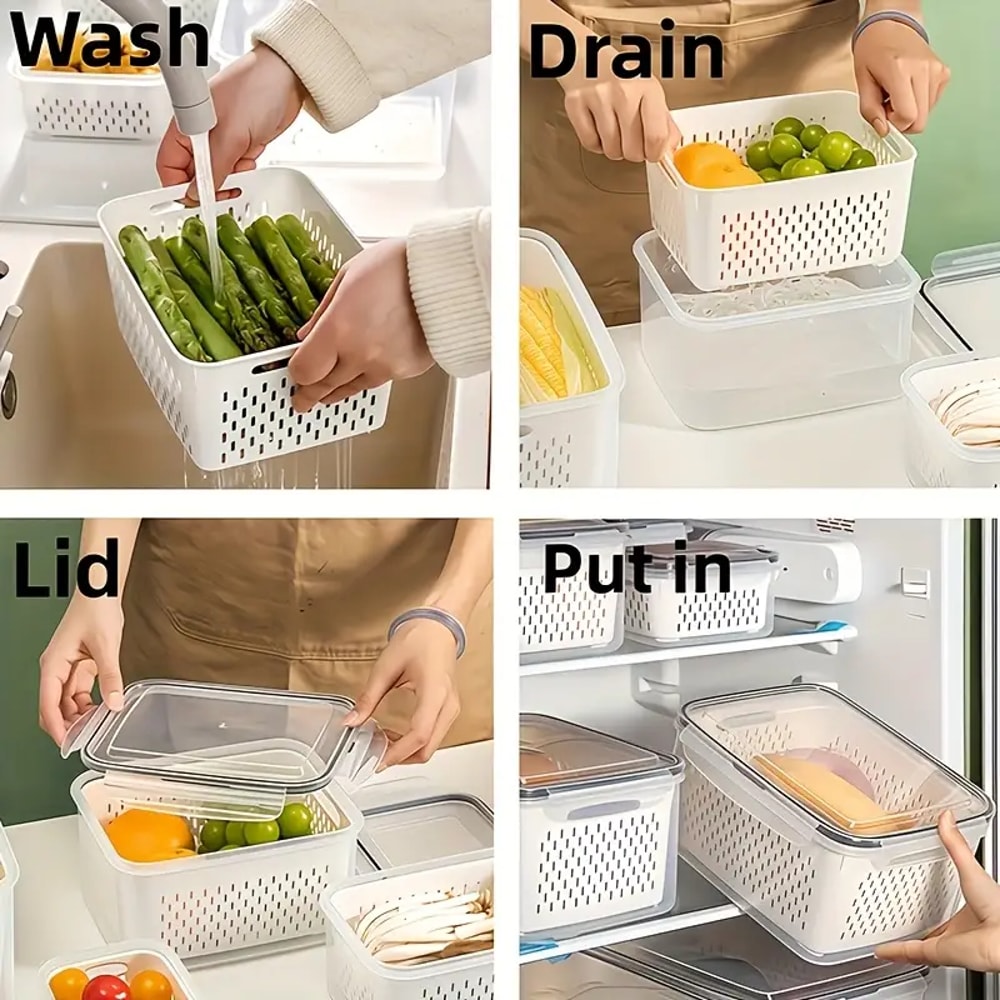 Reusable Plastic Food Storage Containers LeakProof Set With Drain Baskets Refrigerator Safe 3