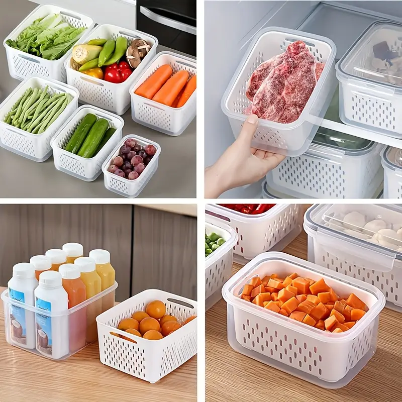 Reusable Plastic Food Storage Containers LeakProof Set With Drain Baskets Refrigerator Safe 4