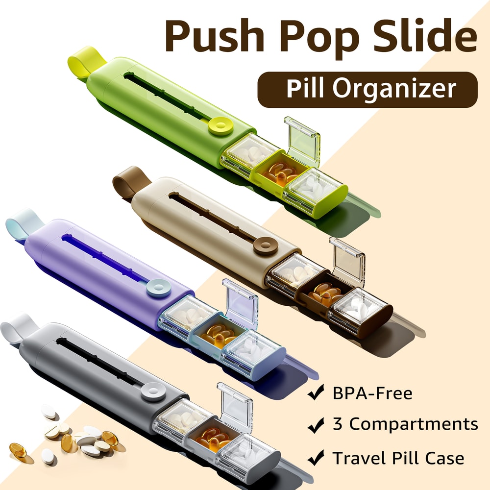 Compartments Anti-Spill Pill Organizer, Push Pop Slide Travel Case, BPA-Free and Food-Grade for Vitamins Supplements