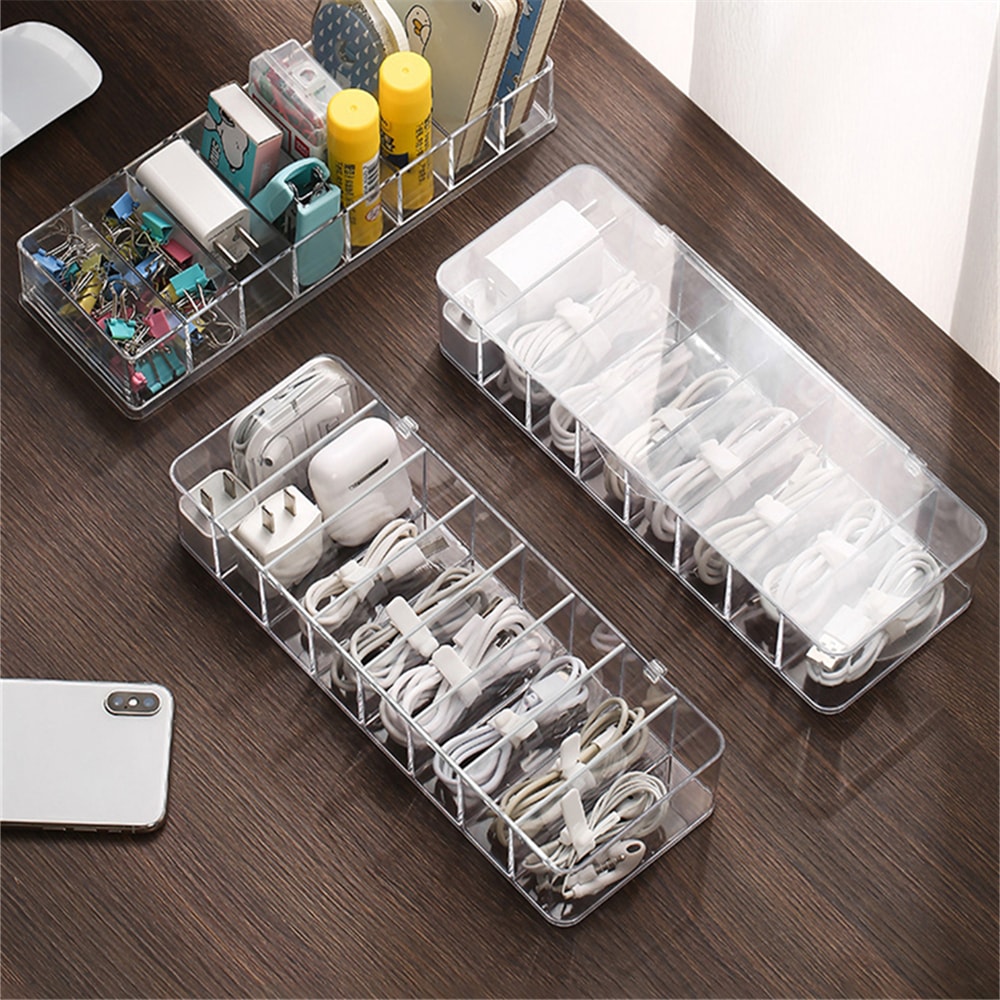 Desk Storage Container Transparent Plastic Data Line Box Cable And Makeup Organizer 0
