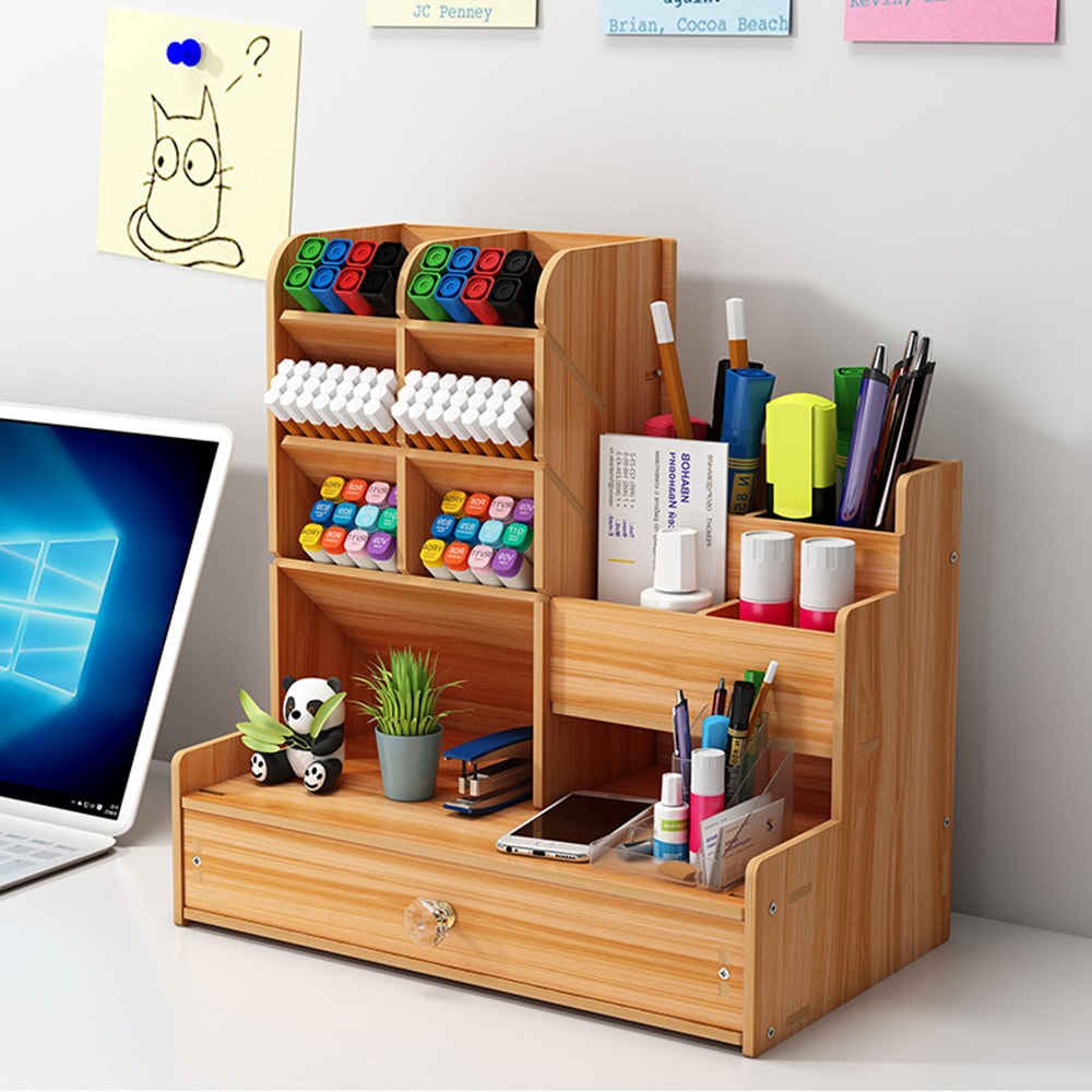 Wooden Pen Holder MultiScene Student Stationery Storage Shelf Drawer For Study Rooms And Offices 0