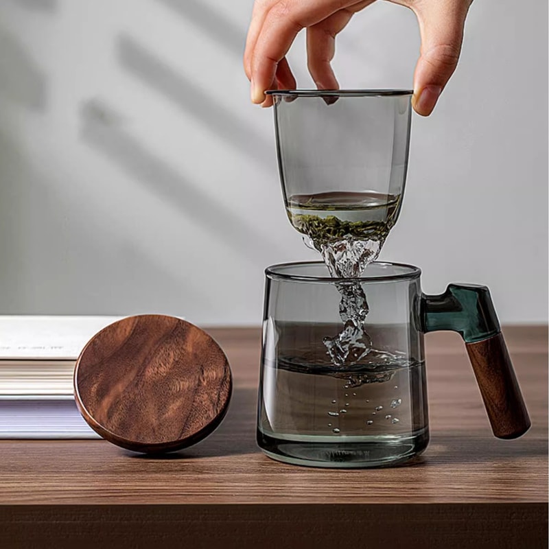 Borosilicate Glass Tea Cup With Infuser Steeper And Lid For Loose Leaf Tea Filter Mug Wood Handle F 1