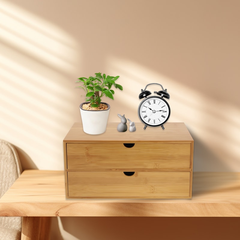 Natural Wood Desk Storage Tray Bamboo Desktop Organizer With 2 Drawers For Office Home Minimalist S 0