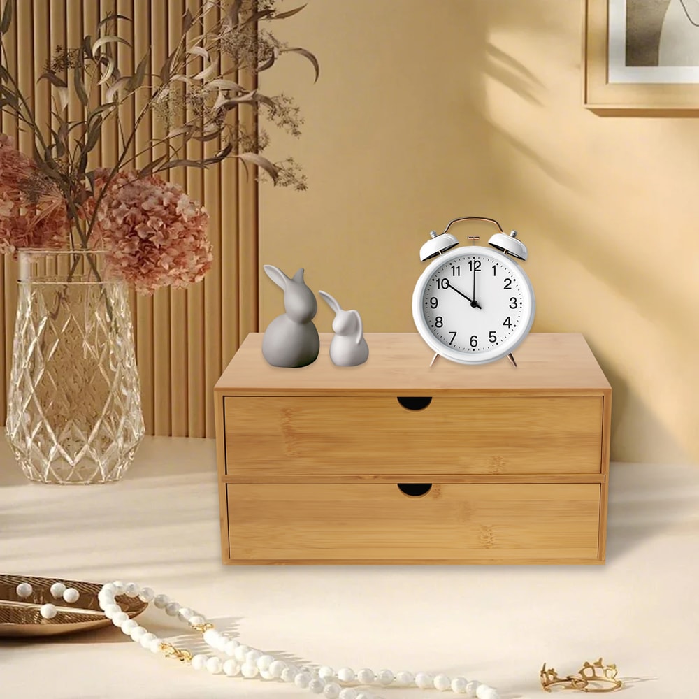 Natural Wood Desk Storage Tray Bamboo Desktop Organizer With 2 Drawers For Office Home Minimalist S 4