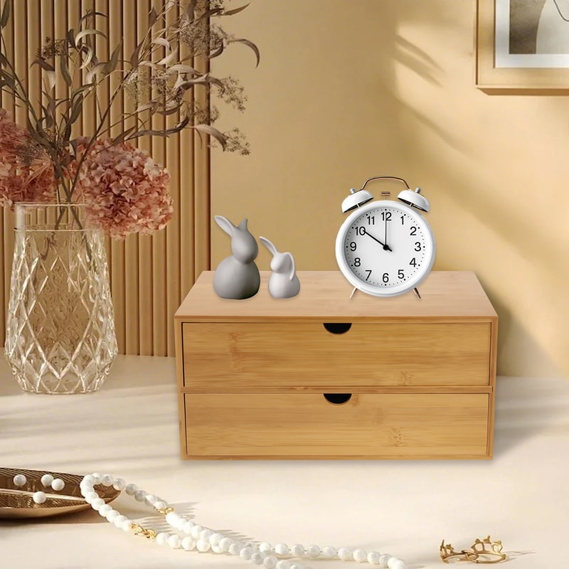 Natural Wood Desk Storage Tray Bamboo Desktop Organizer With 2 Drawers For Office Home Minimalist S 4