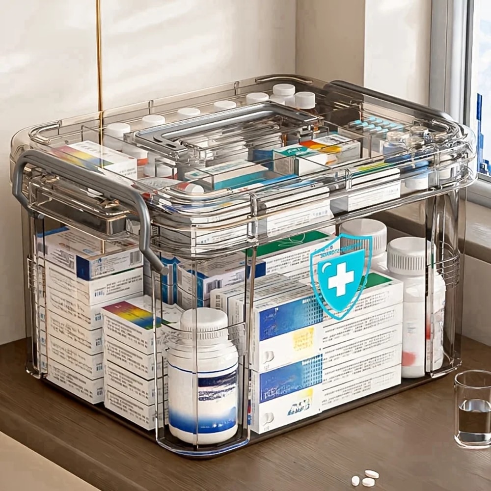 Plastic First Aid Box Empty Clear Medicine Organizer With Tray Thickened Medicine Container Chest F 3
