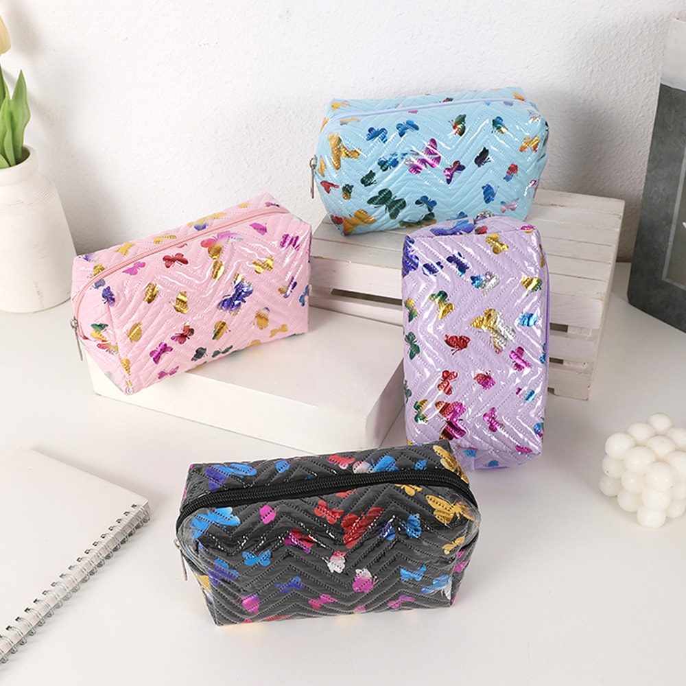 PU Leather Pencil Storage Box, Colorful Glossy Butterfly Print, Portable Desk Organizer for Office