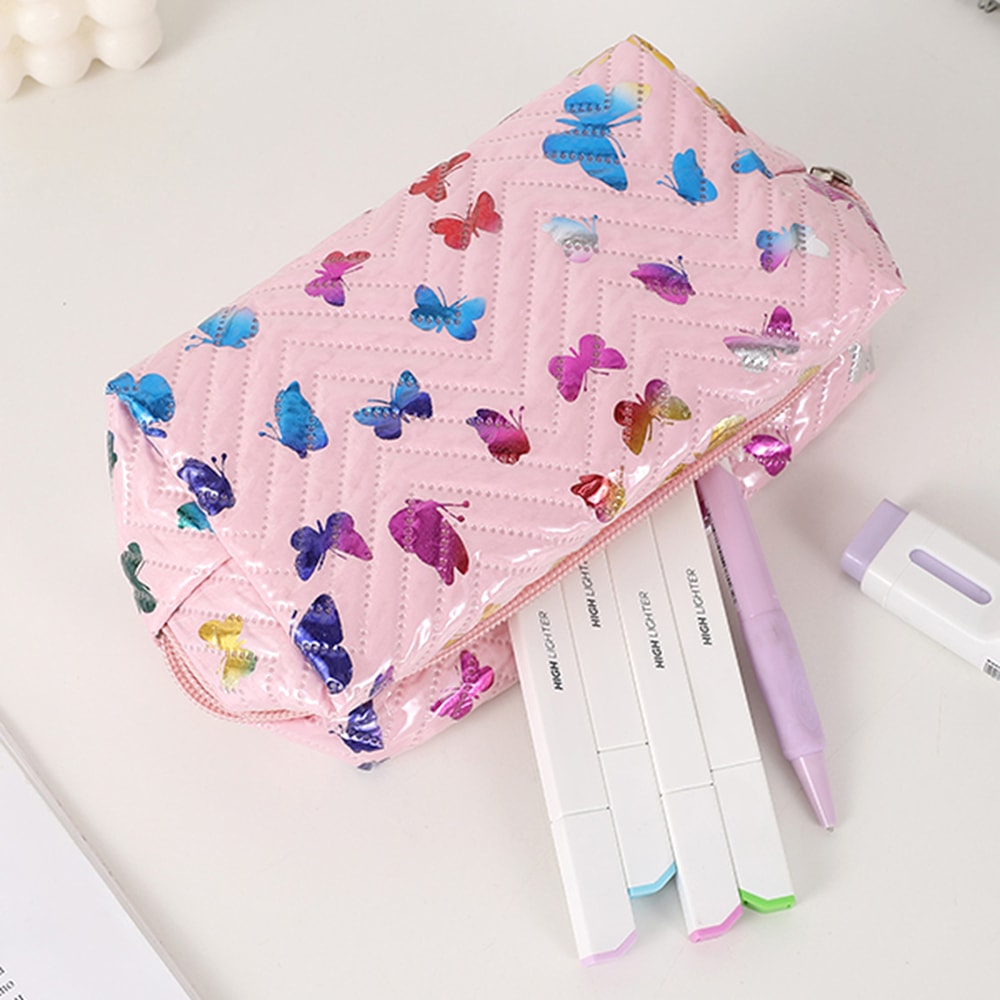 PU Leather Pencil Storage Box, Colorful Glossy Butterfly Print, Portable Desk Organizer for Office