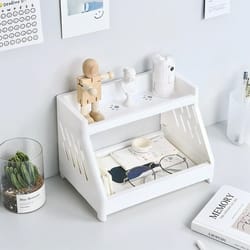 white double tier desktop storage organiser with cat's paw design, perfect display shelf for dorm rooms and home offices