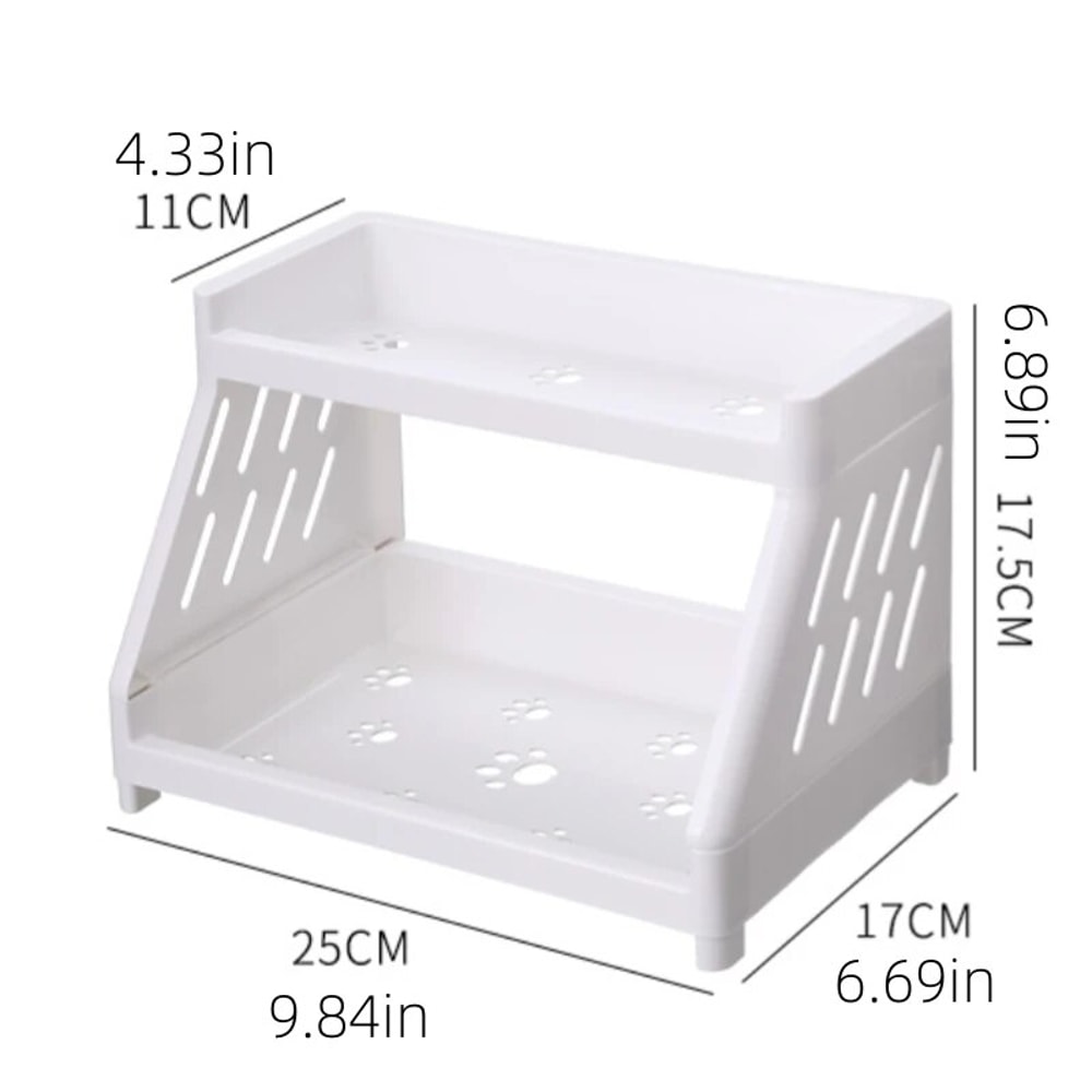 White Double Tier Desktop Storage Organiser with Cat's Paw Design, Perfect Display Shelf for Dorm Rooms and Home Offices