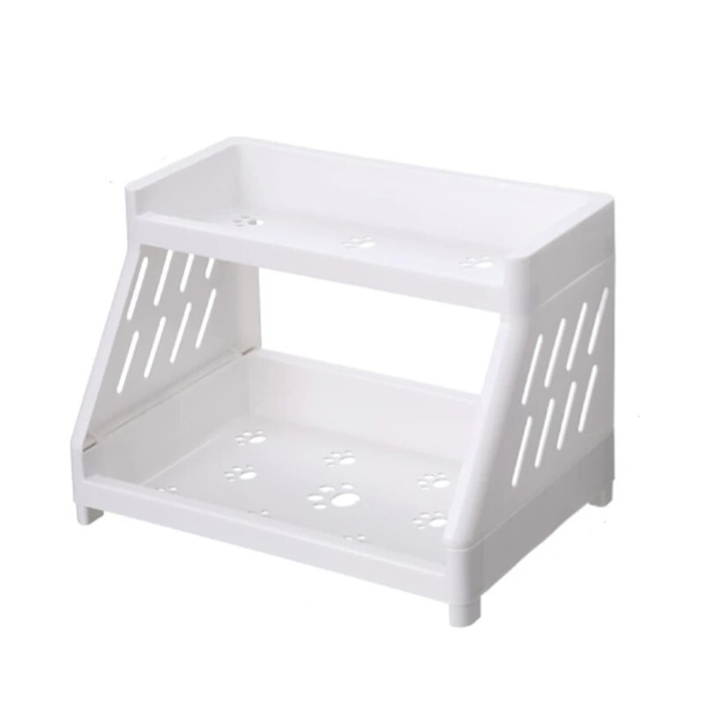 White Double Tier Desktop Storage Organiser with Cat's Paw Design, Perfect Display Shelf for Dorm Rooms and Home Offices
