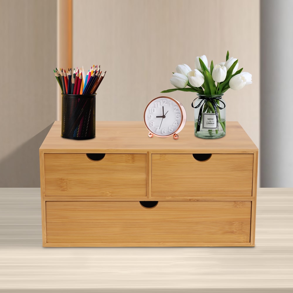 Compact Bamboo Desk Organizer for Office, Home - Perfect for Stamps, Notes, Paper Clips, Bills, Scissors