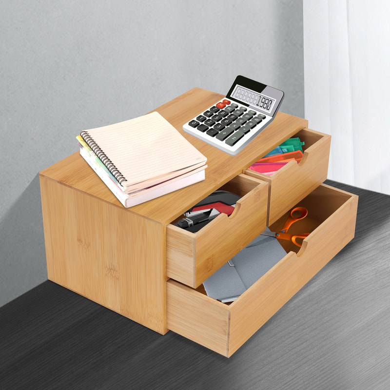 Compact Bamboo Desk Organizer for Office, Home - Perfect for Stamps, Notes, Paper Clips, Bills, Scissors