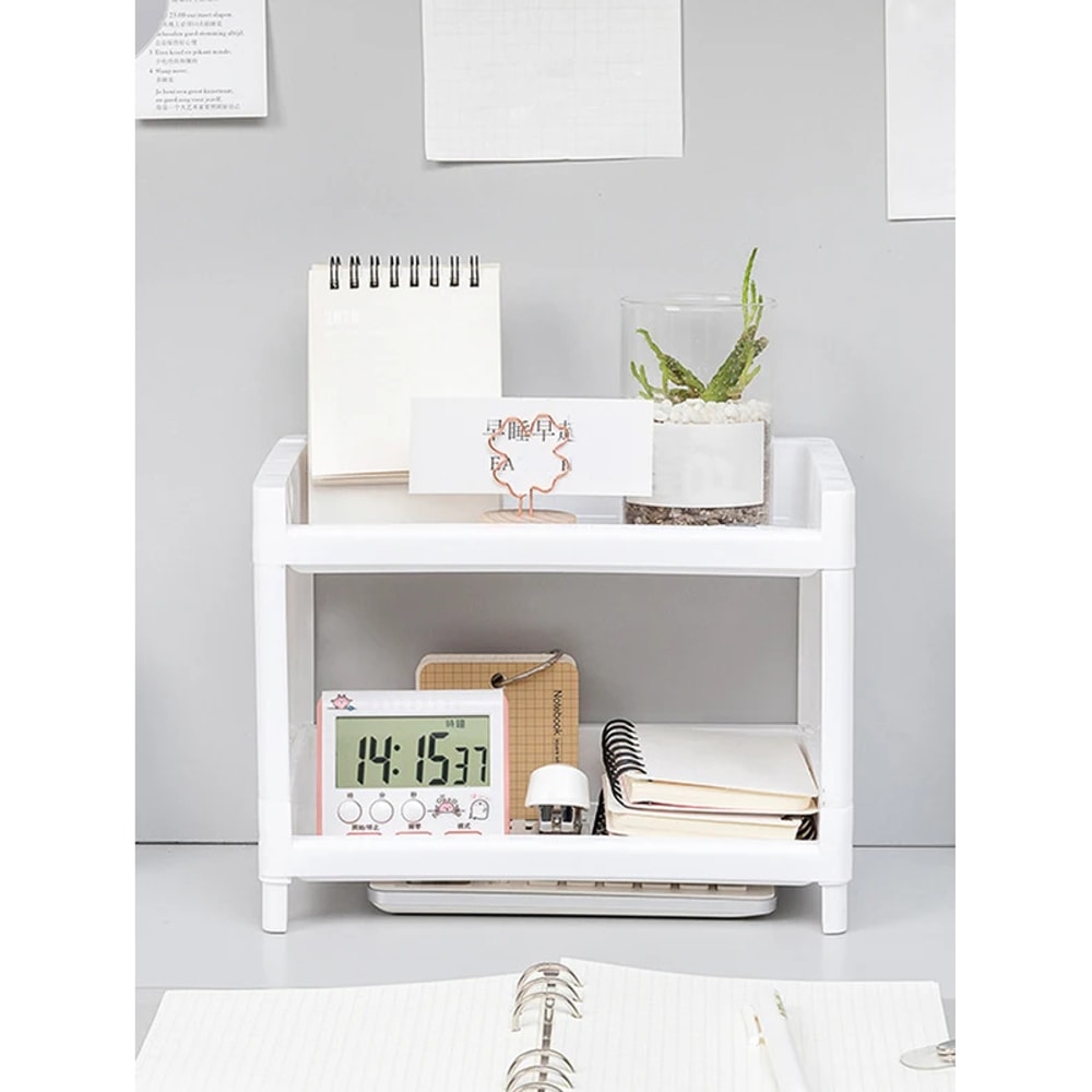 Rectangular White PP Desktop Storage Rack, Double Layer Organizer for Desk, Office, Student, Cosmetics Stationery