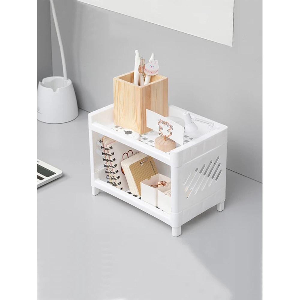 Rectangular White PP Desktop Storage Rack, Double Layer Organizer for Desk, Office, Student, Cosmetics Stationery