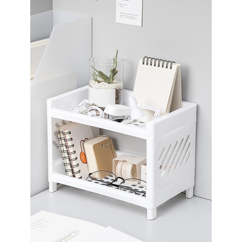 Rectangular White PP Desktop Storage Rack, Double Layer Organizer for Desk, Office, Student, Cosmetics Stationery