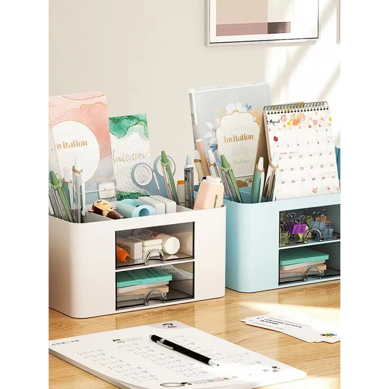 MultiFunctional Pen Organizer With 2 Drawers Storage Box For Desk Pencil Holder For Office Supplies 3