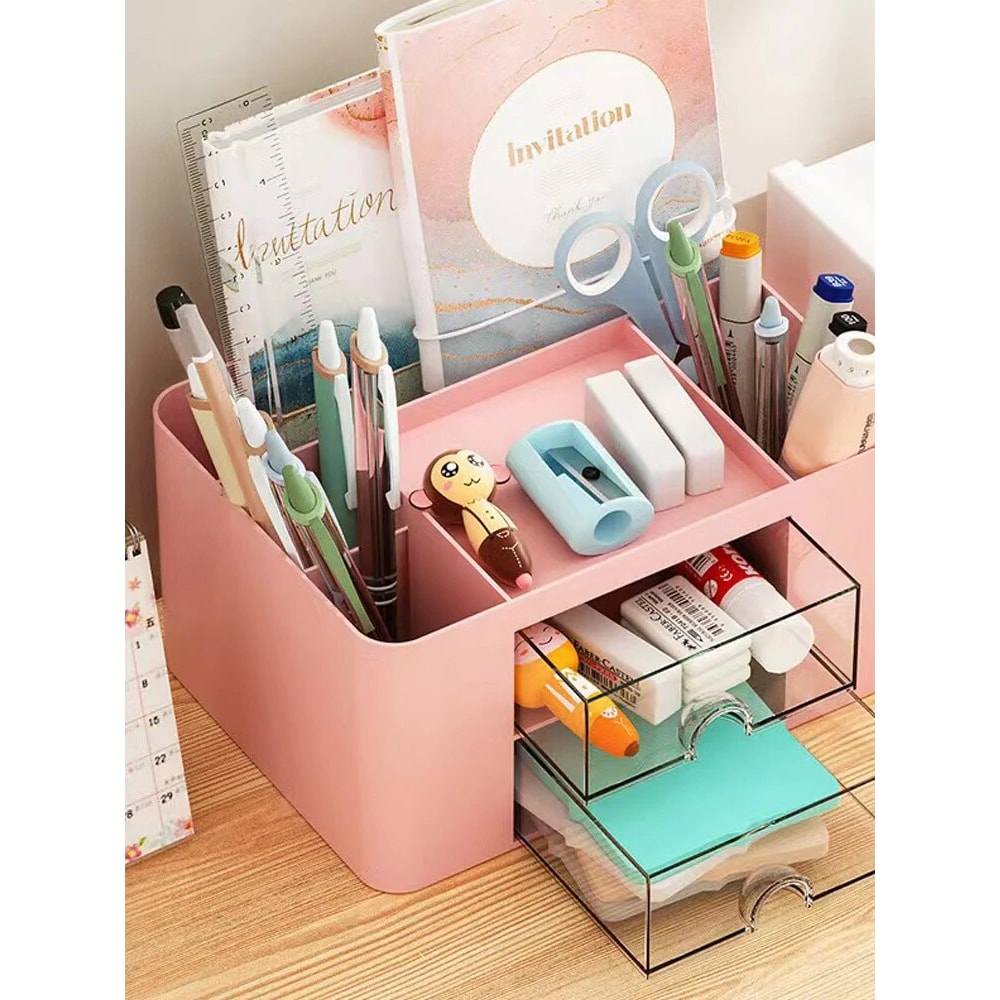 MultiFunctional Pen Organizer With 2 Drawers Storage Box For Desk Pencil Holder For Office Supplies 4