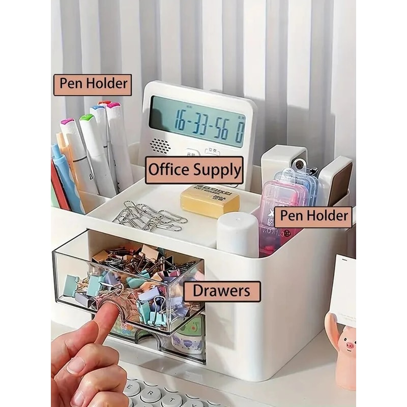 MultiFunctional Pen Organizer With 2 Drawers Storage Box For Desk Pencil Holder For Office Supplies 5
