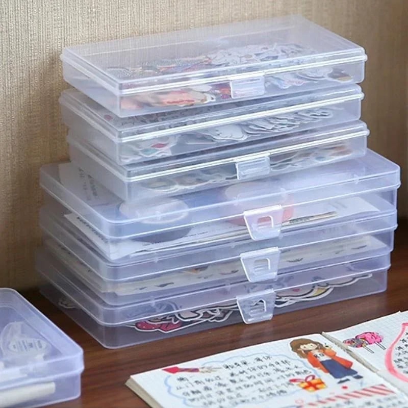 Mini Transparent Box Storage Organizer, Stationery Holder, Plastic Tool Case for Office and Stickers