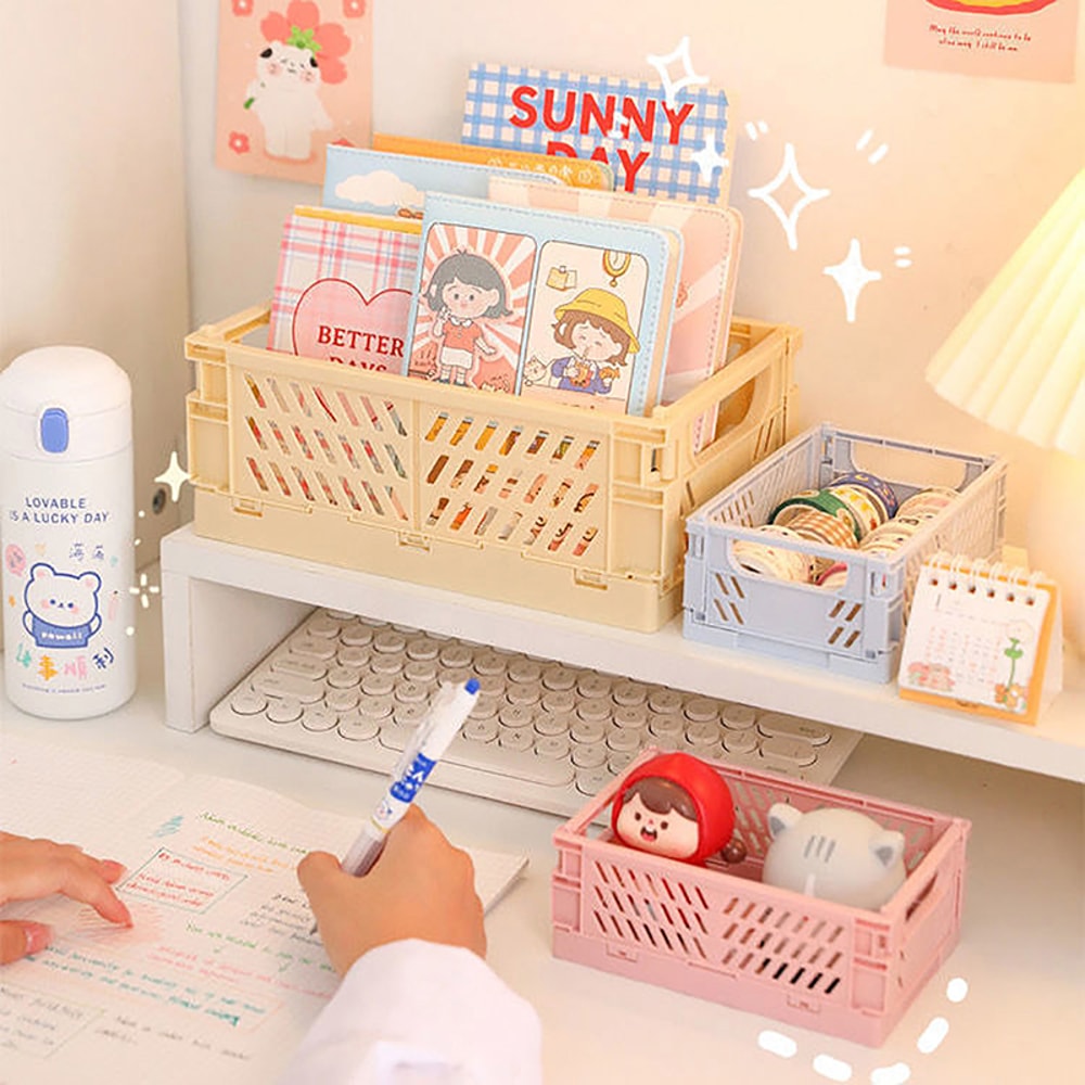 Plastic Folding Storage Box Collapsible Crate Home Use Basket Desktop Holder School Desk Storage Bo 3
