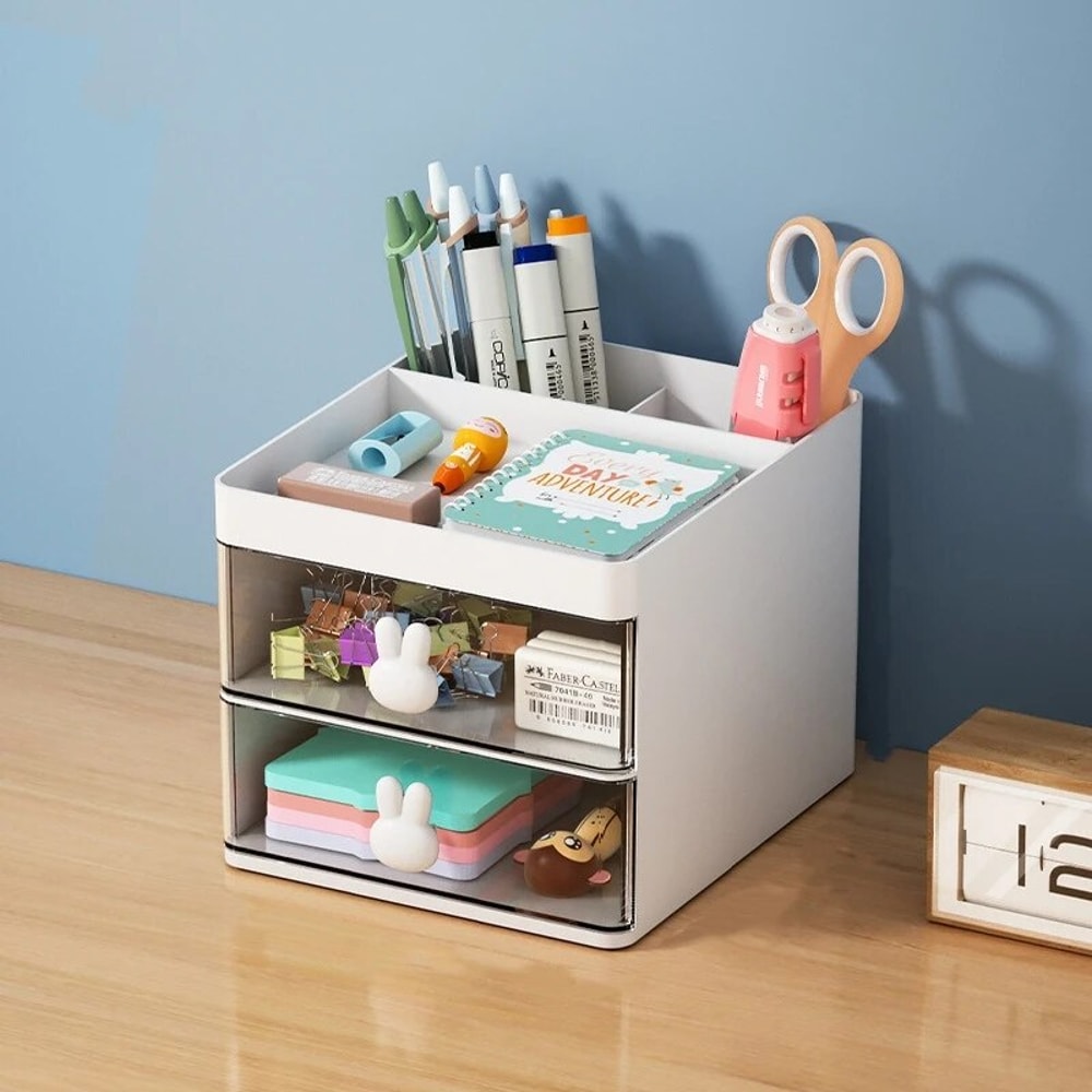 Compact Desk Organizer with Drawer, Makeup Organizer, Office Storage Box for Pens, Mobile Phones, and Business Cards