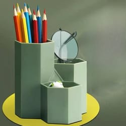 desktop organizer with open & closed storage compartments, modern white & mint green, for home office and school use