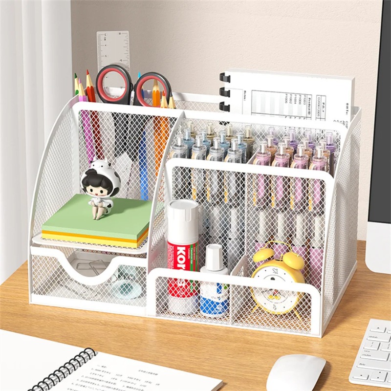 Desk Stationery Organizer Metal Pen Holder Storage Box Pencil File Rack Office Divided Container 1