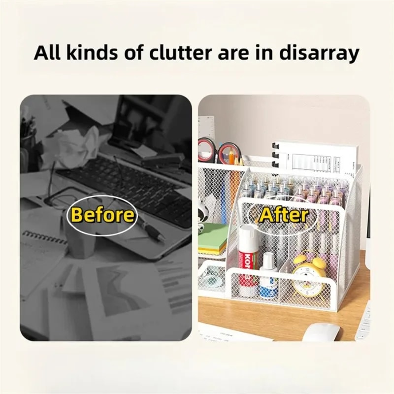 Desk Stationery Organizer Metal Pen Holder Storage Box Pencil File Rack Office Divided Container 5