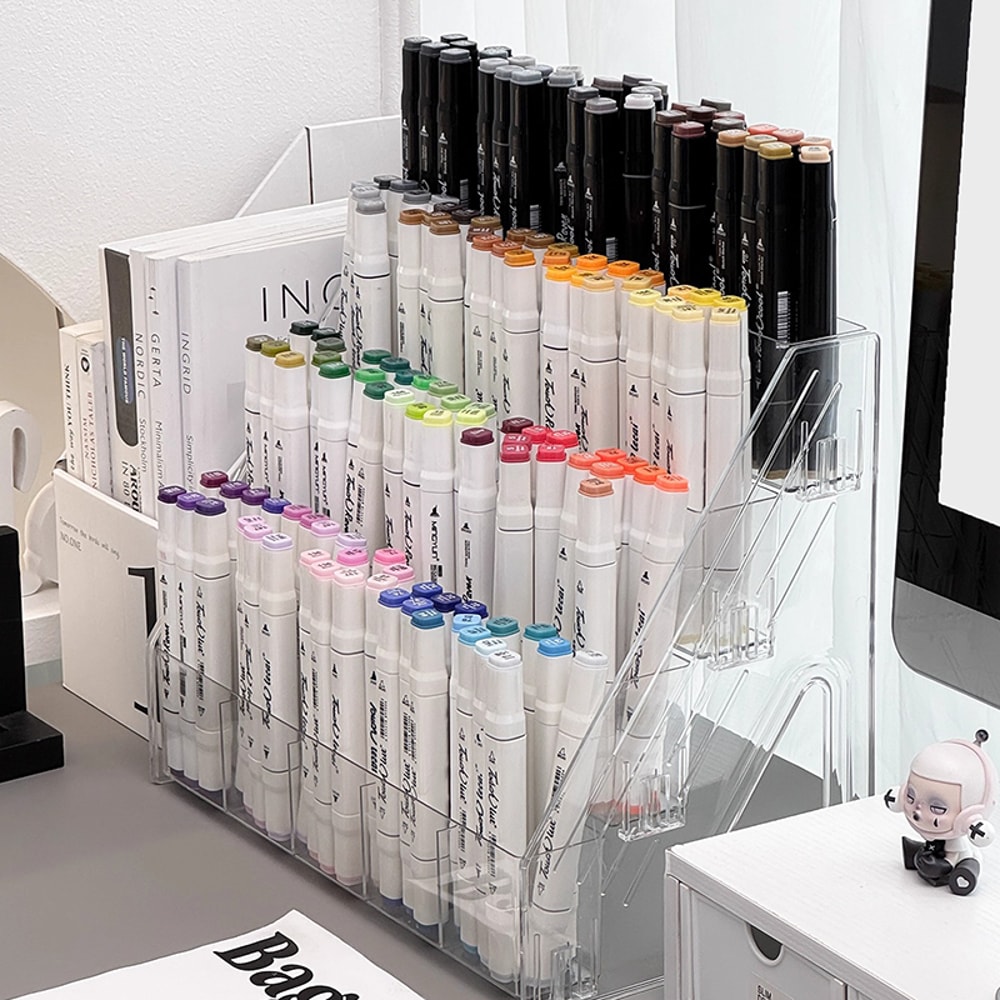 Multi-Compartment Desk Storage Box, Large Capacity Staircase Pen Holder Organizer for Markers & Art Supplies