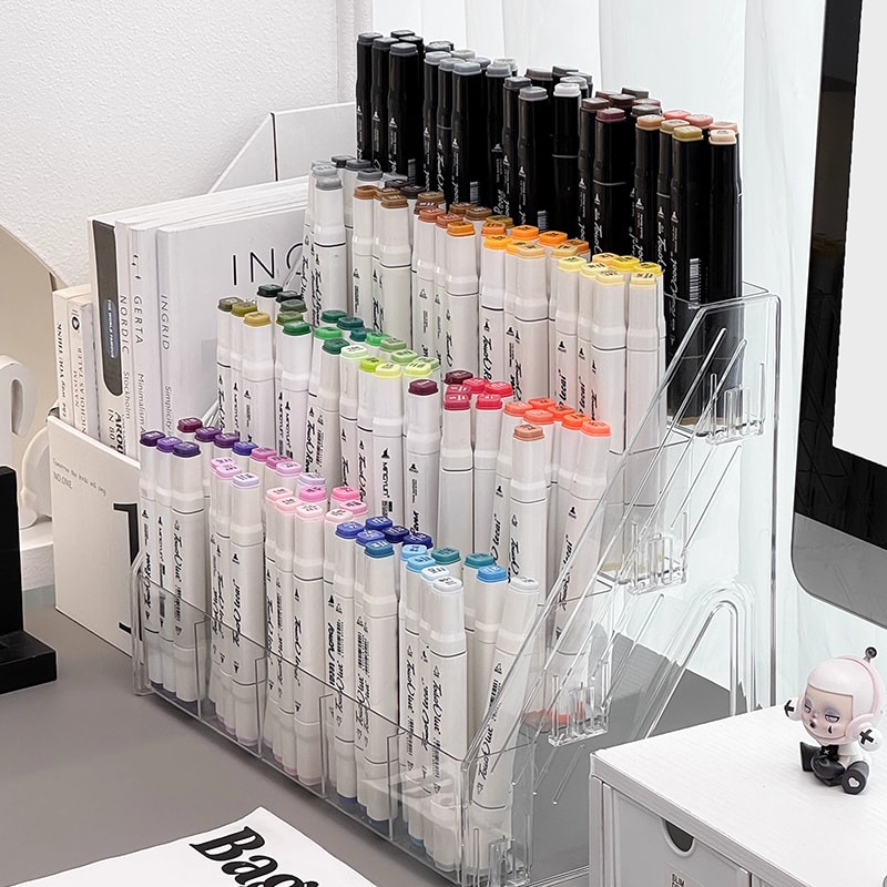Multi-Compartment Desk Storage Box, Large Capacity Staircase Pen Holder Organizer for Markers & Art Supplies