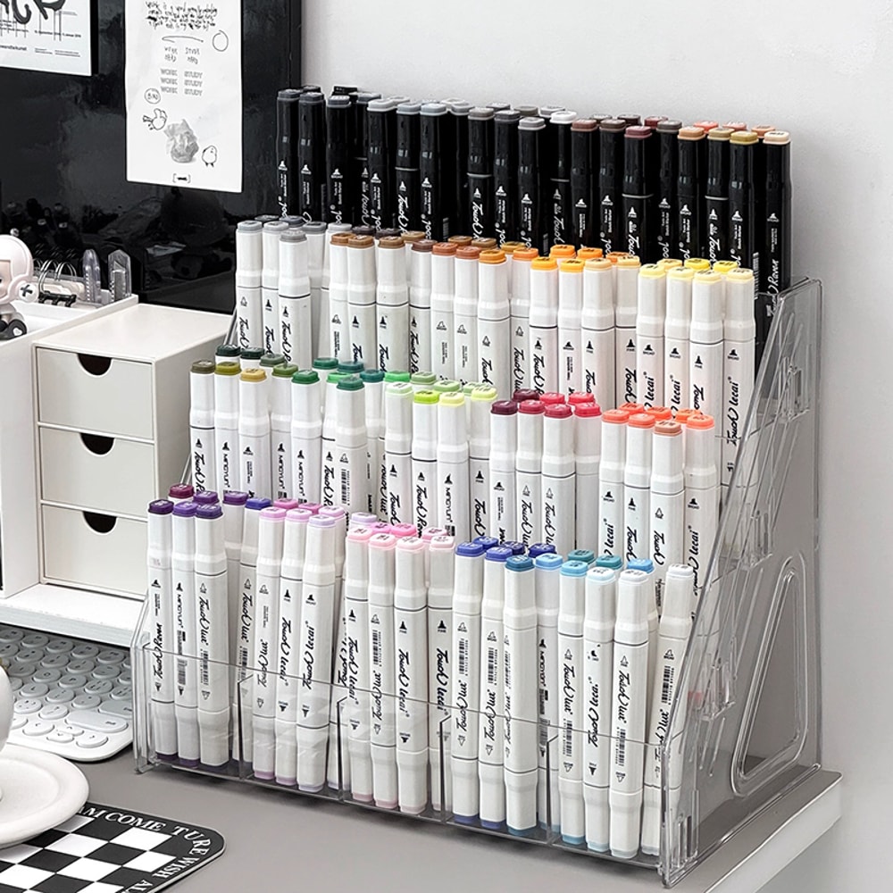 Multi-Compartment Desk Storage Box, Large Capacity Staircase Pen Holder Organizer for Markers & Art Supplies