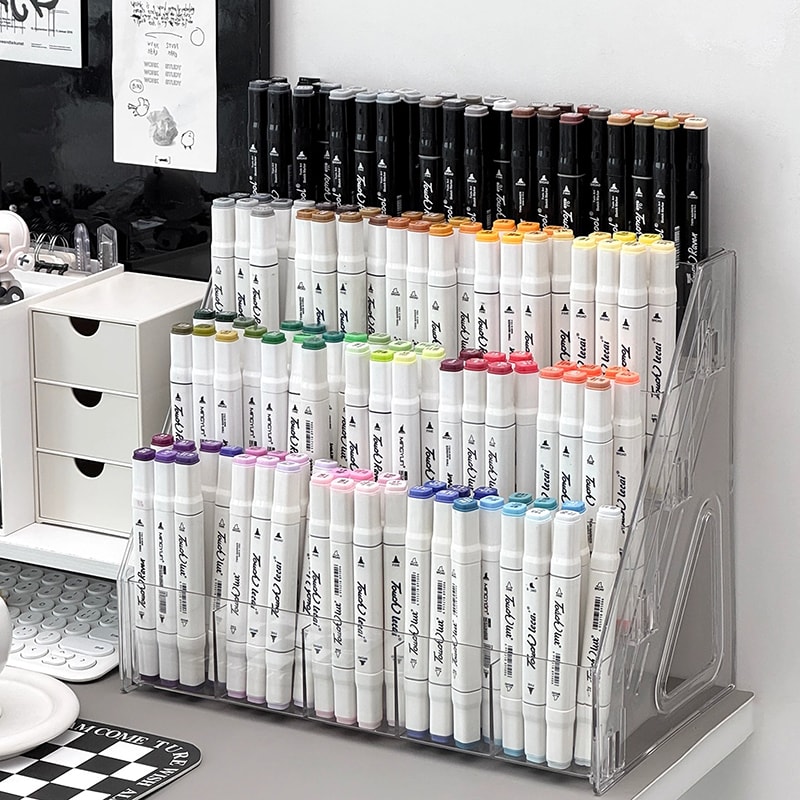 Multi-Compartment Desk Storage Box, Large Capacity Staircase Pen Holder Organizer for Markers & Art Supplies