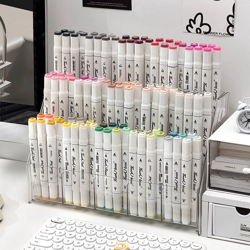 Multi-Compartment Desk Storage Box, Large Capacity Staircase Pen Holder Organizer for Markers & Art Supplies