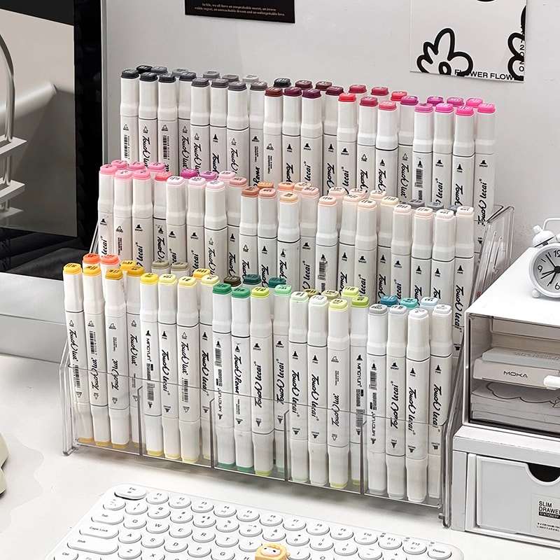 Multi-Compartment Desk Storage Box, Large Capacity Staircase Pen Holder Organizer for Markers & Art Supplies