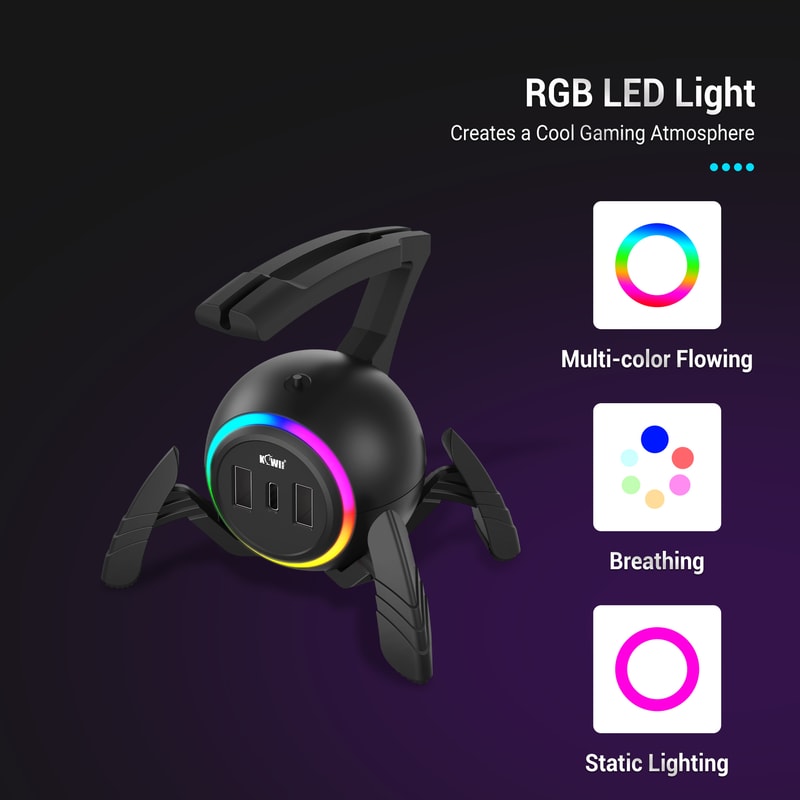 Mouse Bungee Anti-Winding for PC Gaming, RGB Lighting with Type-C Ports & 2 USB Ports, Anti-Slip Feet Mouse Cable Holder