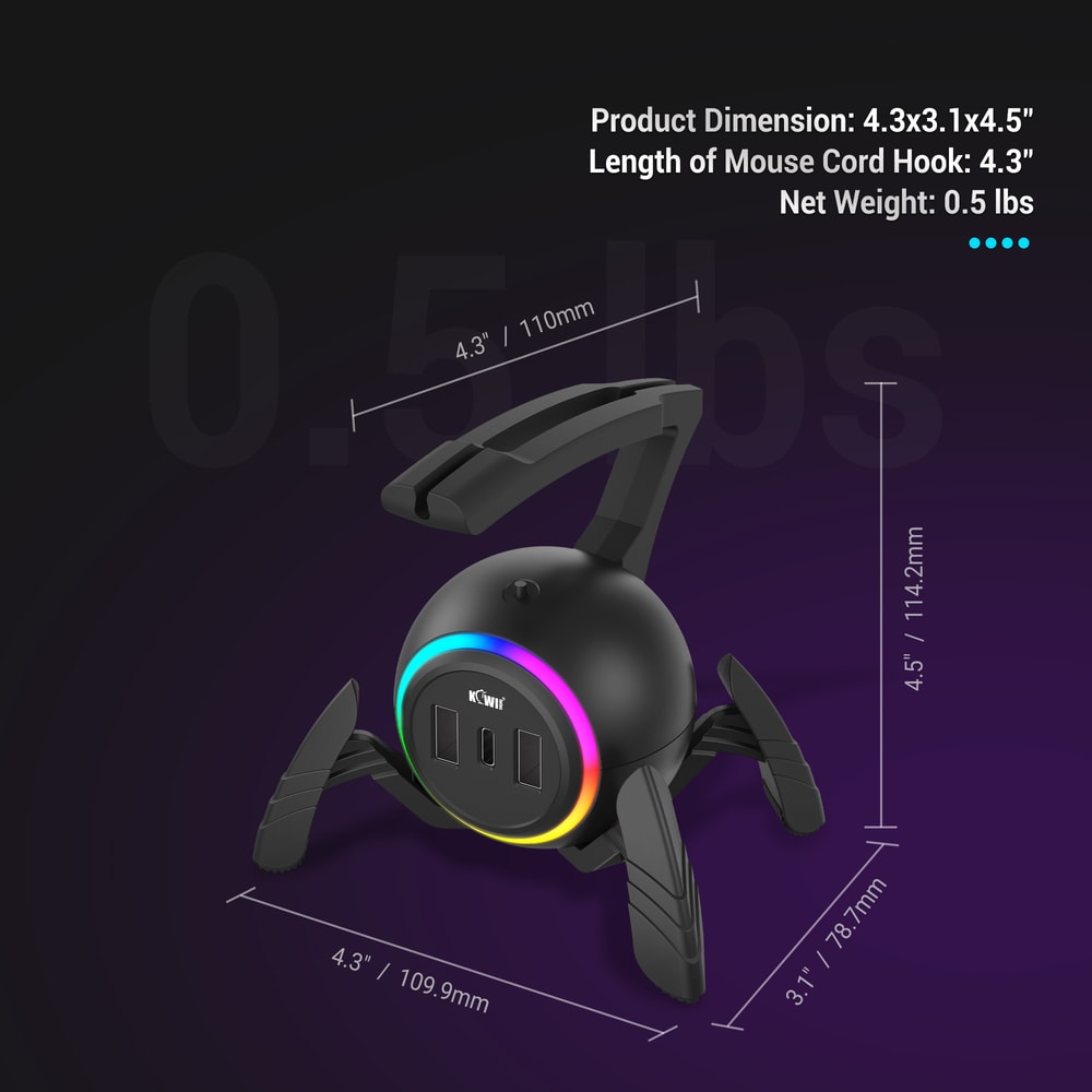 Mouse Bungee Anti-Winding for PC Gaming, RGB Lighting with Type-C Ports & 2 USB Ports, Anti-Slip Feet Mouse Cable Holder