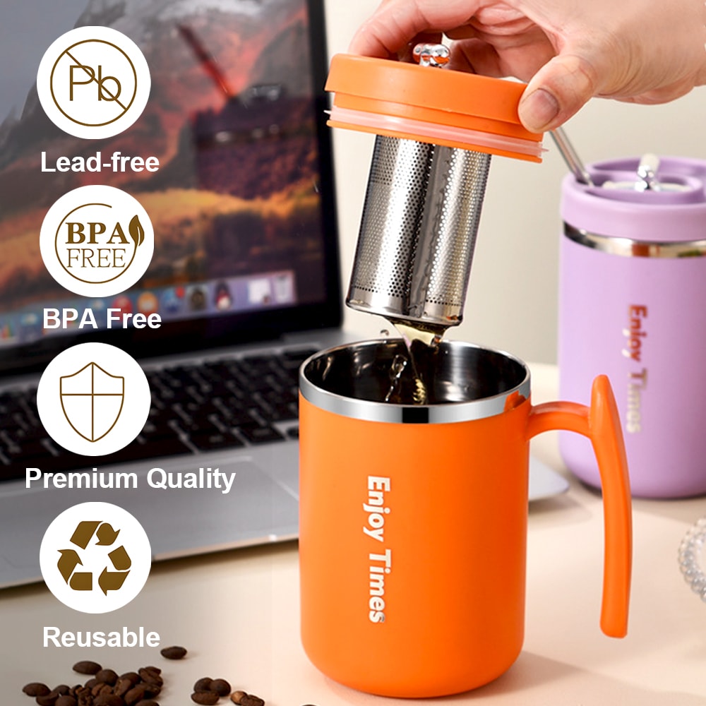 Stainless Steel Liner Coffee Mug With Lid Tea Cup With Strainer And Straw Reusable Water Bottle Off 1