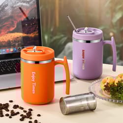 stainless steel liner coffee mug with lid, tea cup with strainer and straw, reusable water bottle office gift drinkware