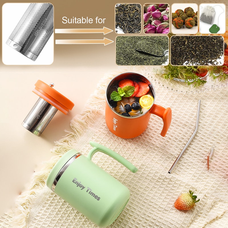 Stainless Steel Liner Coffee Mug With Lid Tea Cup With Strainer And Straw Reusable Water Bottle Off 2