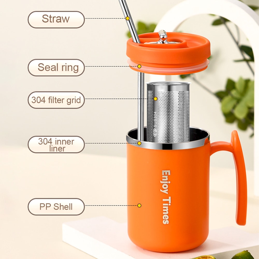 Stainless Steel Liner Coffee Mug With Lid Tea Cup With Strainer And Straw Reusable Water Bottle Off 3